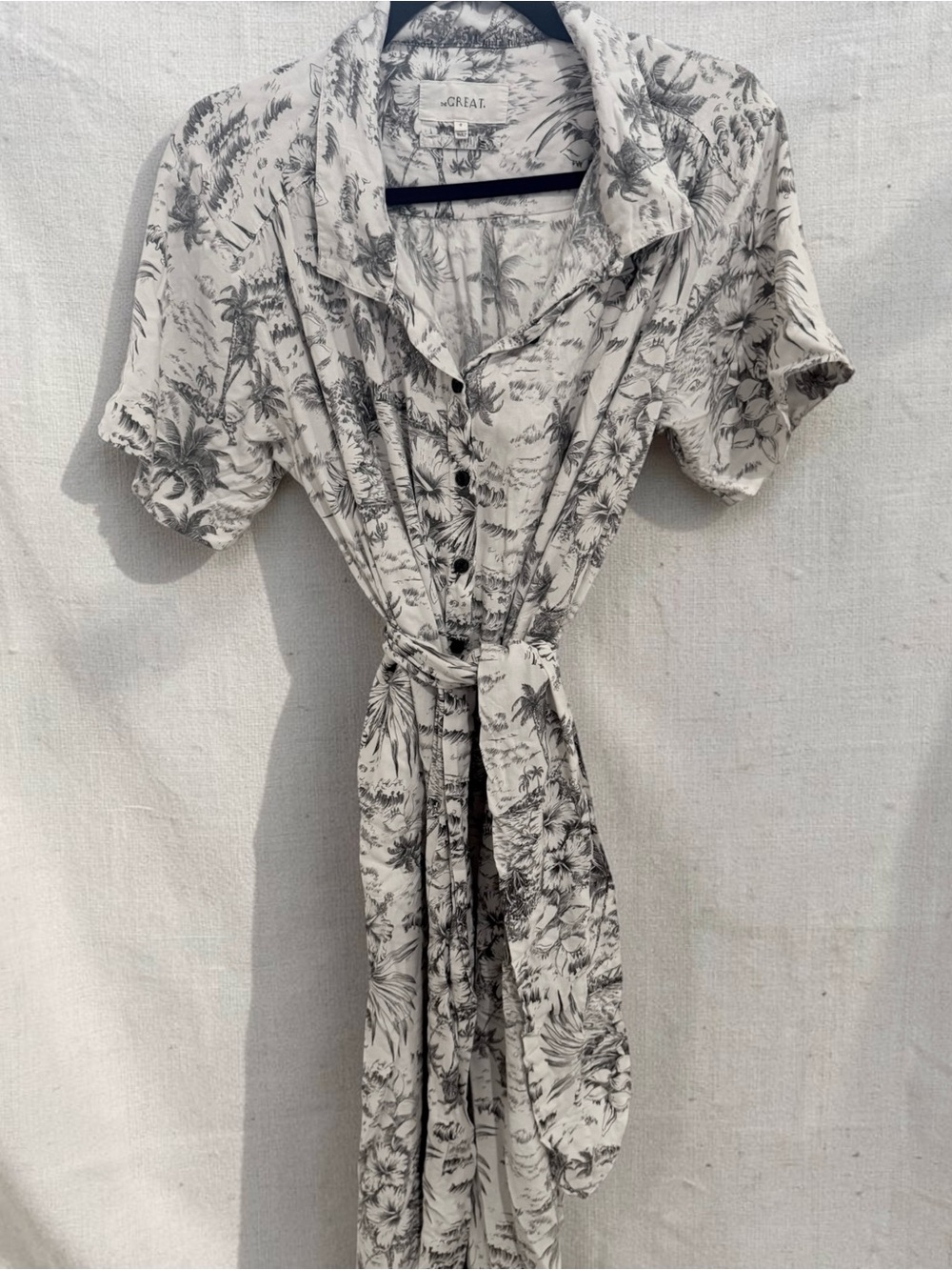 The Great. Short Sleeve Shirt Dress in Cream with Gray Floral Print